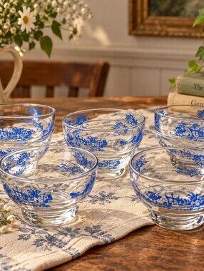 Vintage Dominion Glass Dessert Bowls 3.5" Meadowsweet Blue Cottagecore Set Of 8